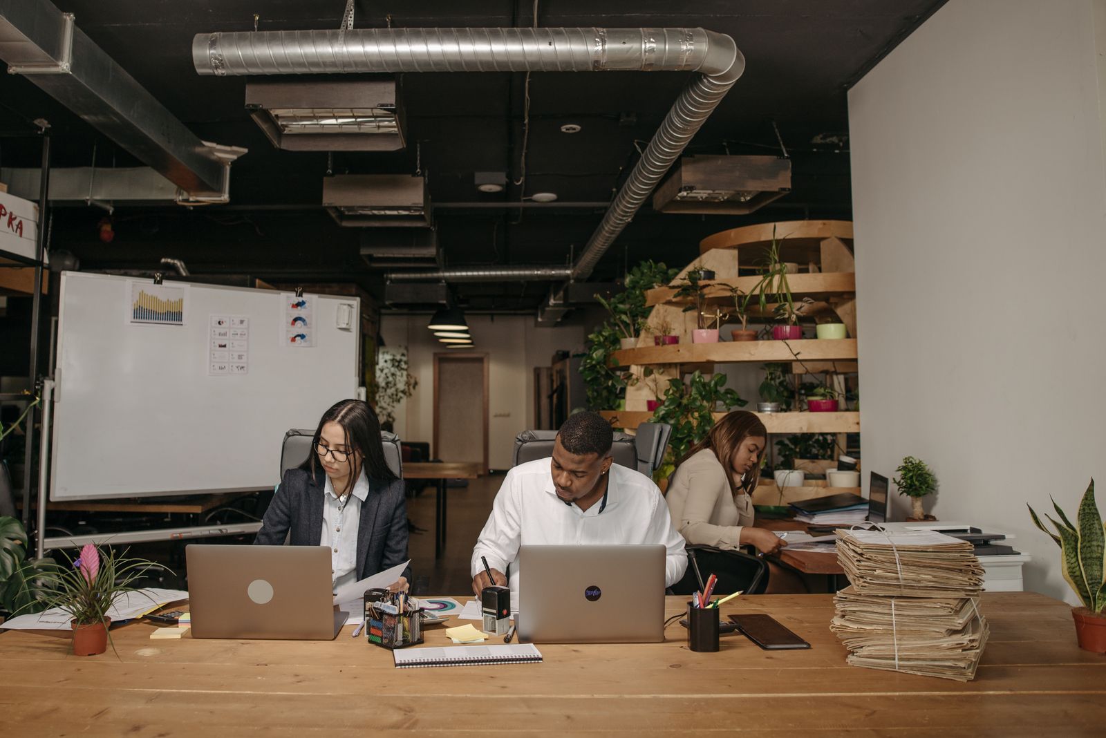 Three colleagues working side by side on laptops and papers in a bright office